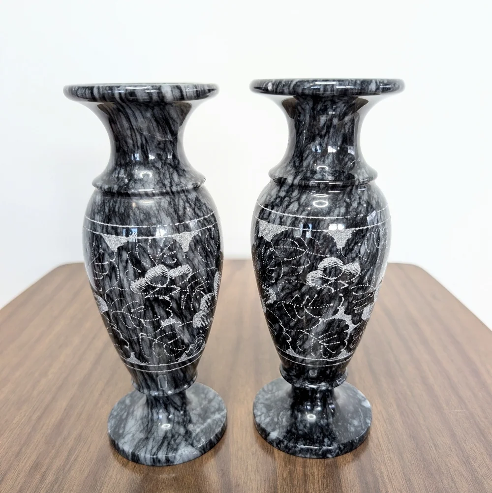 Pair Of Black & Gray Quartz Vained Marble Floral Etched Footed Vases Solid Stone